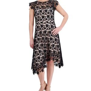 Eliza J Black and Tan Asymmetrical High-Low Dress with Flutter Cap Sleeves